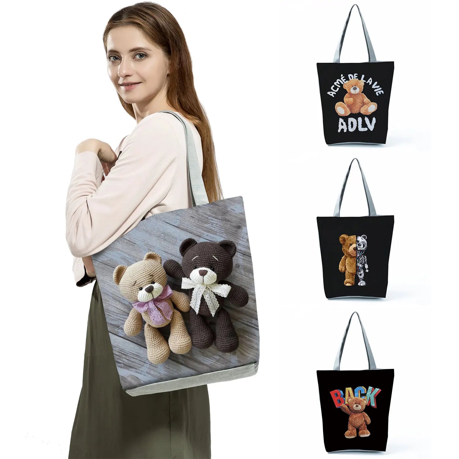 Teddy Bear Printed Handbags Eco Friendly Portable Storage Shopping Bag