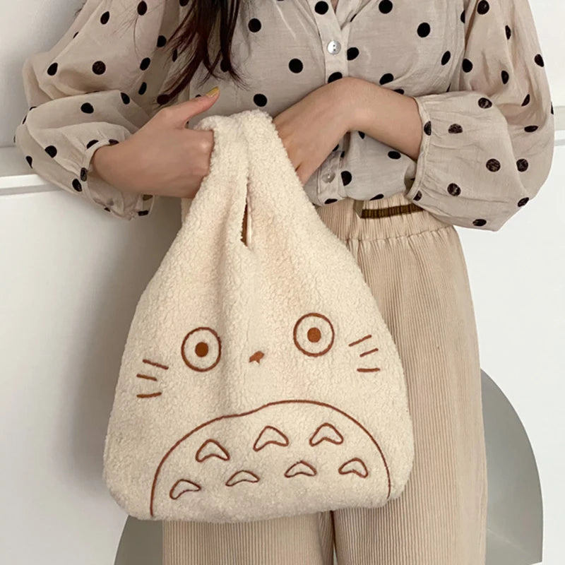 Totoro Embroidery Lamb Fabric Handbag Tote Bag for Women