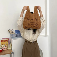Totoro Embroidery Lamb Handbag for Women Girls Soft Fur Shoulder Tote Bag