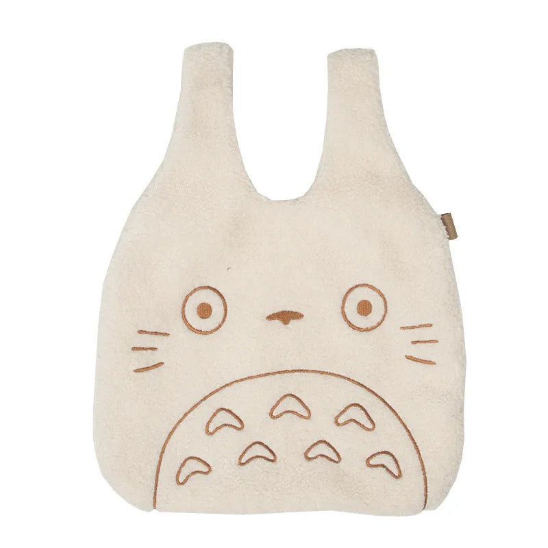 Totoro Embroidery Lamb Handbag for Women Girls Soft Fur Shoulder Tote Bag