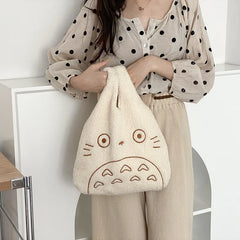 Totoro Embroidery Lamb Handbag for Women Girls Soft Fur Shoulder Tote Bag