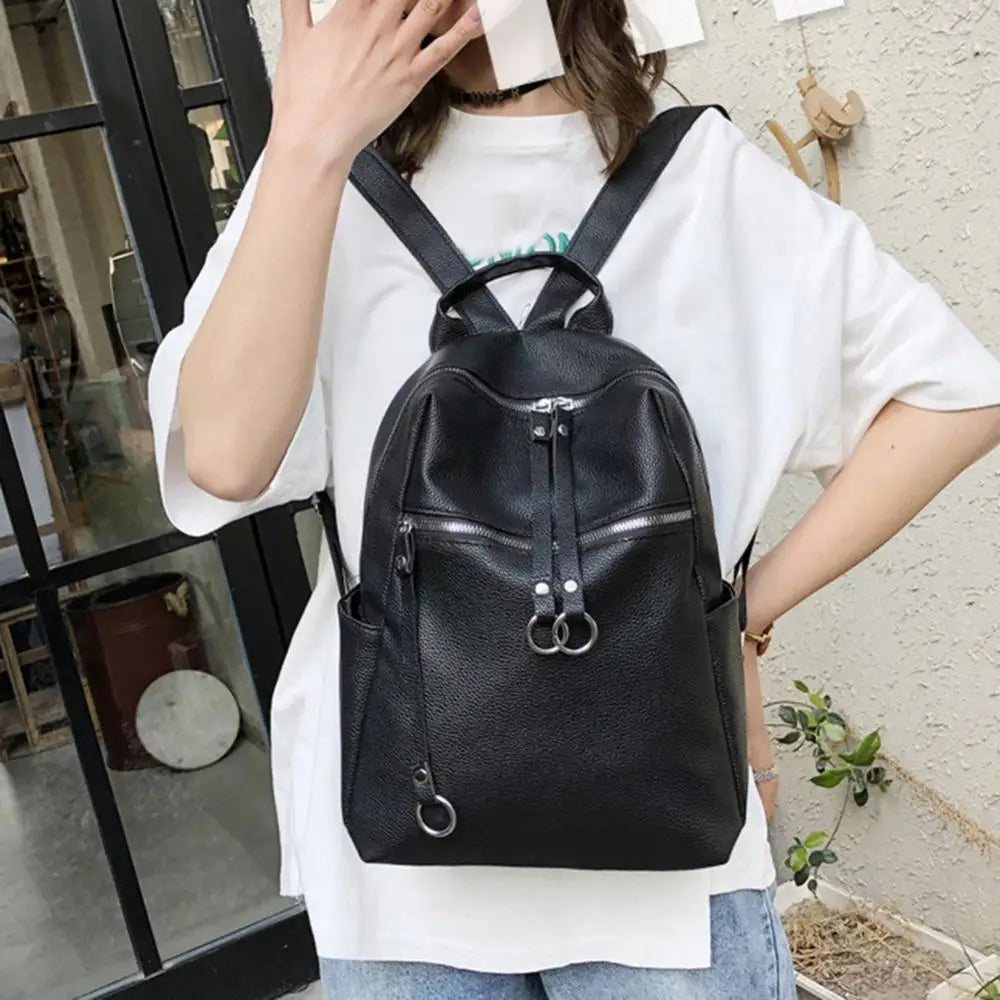 Casual Soft Leather Backpack Solid Large Capacity School Bags