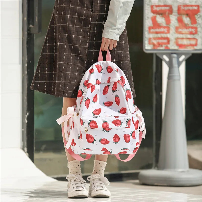 Waterproof Nylon Strawberry Backpack for Women - Large Capacity
