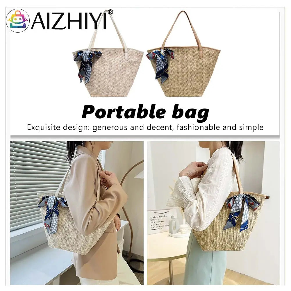 Beach Ribbon Straw Handbag Women Woven Tote Bag with Silk