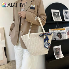 Beach Ribbon Straw Handbag Women Woven Tote Bag with Silk