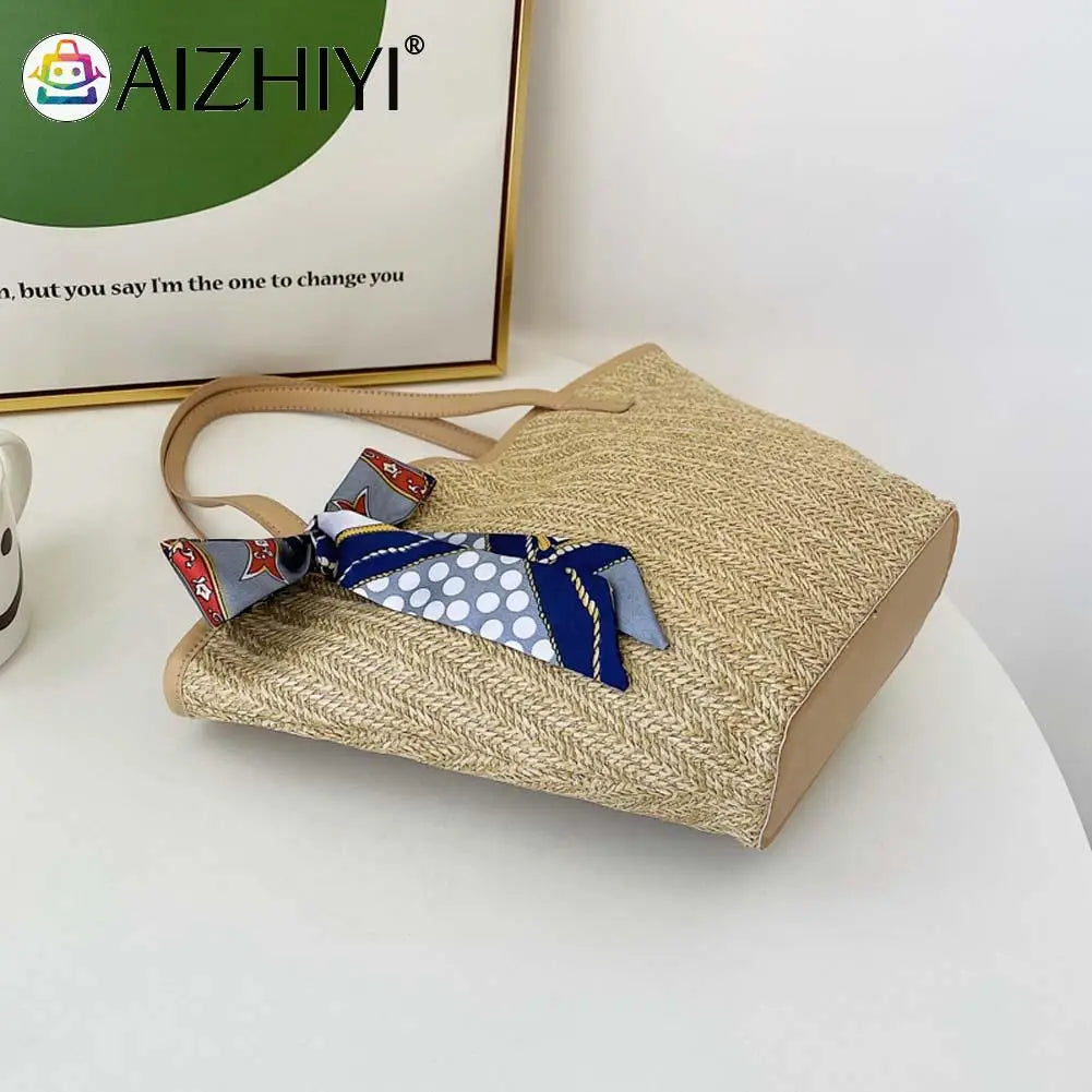 Beach Ribbon Straw Handbag Women Woven Tote Bag with Silk
