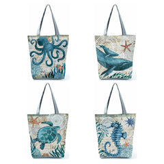 Beach Tote Bag Seahorse Turtle Octopus Pattern Shoulder Bags