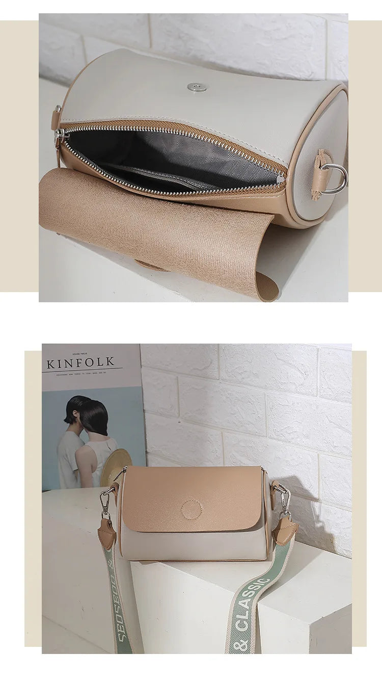 Casual Bucket Handbag Women PU Leather Shoulder Bag Wide Straps Crossbody