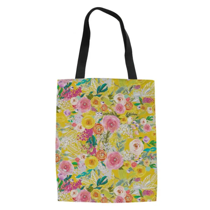 Canvas Beach Bag Rose Flower Print Shoulder Handbag Travel Tote Grocery Bag