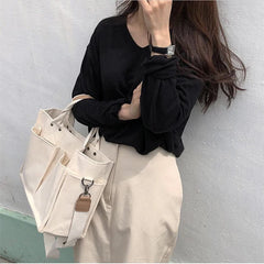 Canvas Tote Handbag with Wide Shoulder Strap