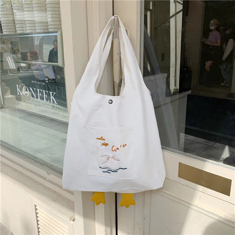 Plush Duck Tote Bag Casual Canvas Shoulder Bag for Women
