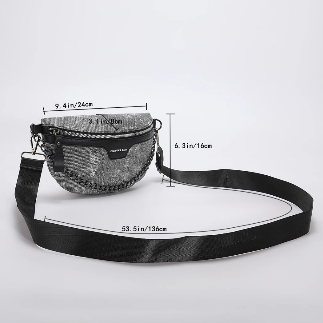Denim Chain Fanny Pack Women Zip Wallet Crossbody Bag