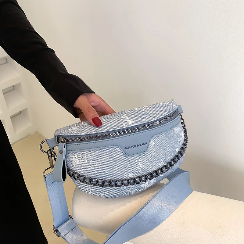 Denim Chain Fanny Pack Women Zip Wallet Crossbody Bag