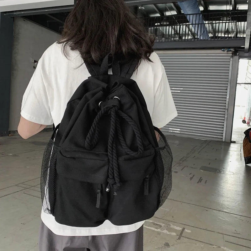 Casual Canvas Women Backpack Schoolbag Drawstring Backpacks Large Capacity