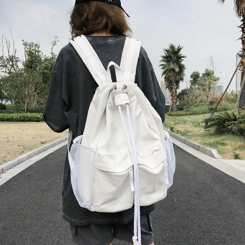 Casual Canvas Women Backpack Schoolbag Drawstring Backpacks Large Capacity