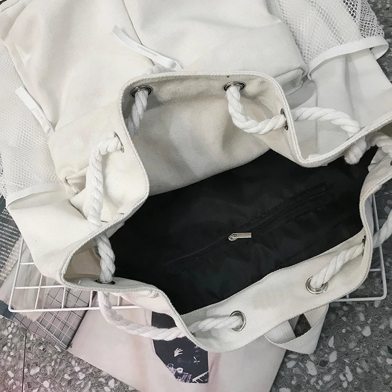 Casual Canvas Women Backpack Schoolbag Drawstring Backpacks Large Capacity