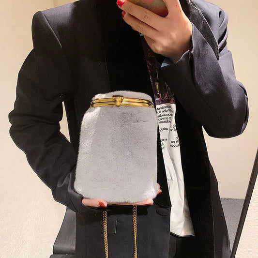 Plush Shoulder Bag for Women Casual Chain Bucket Crossbody Bags
