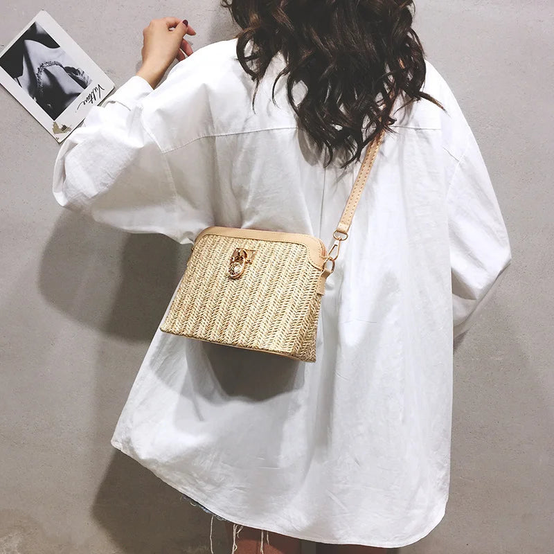 Rattan Straw Bucket Bag Women Summer Shoulder Beach Handbag