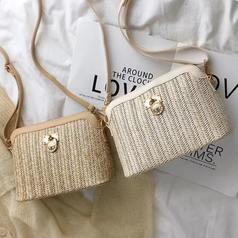Rattan Straw Bucket Bag Women Summer Shoulder Beach Handbag