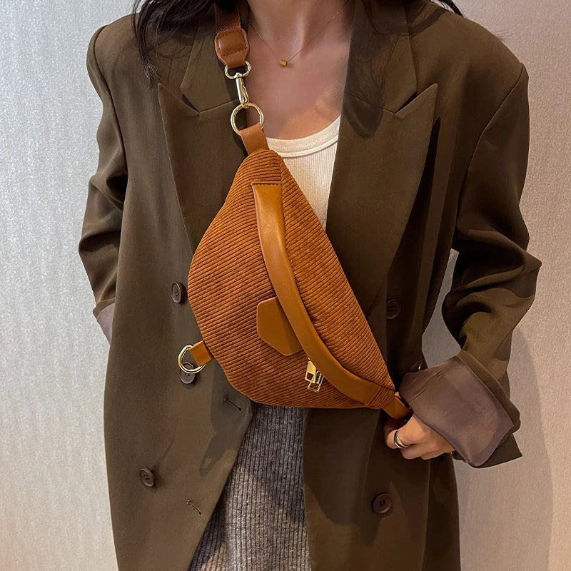 Casual Corduroy Waist Bag Ladies Canvas Fanny Pack Travel Money Phone Chest Bana