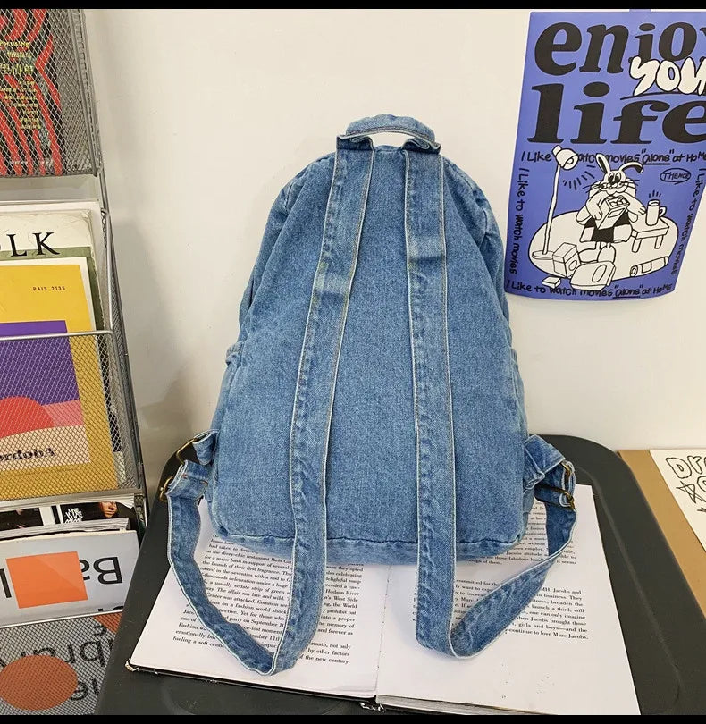 Casual Cowboy Women Backpack Large Capacity Denim Schoolbag for Teenage Girls