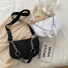 Casual Crossbody Bag for Women Metal Chain Handbag Nylon Shoulder Bags
