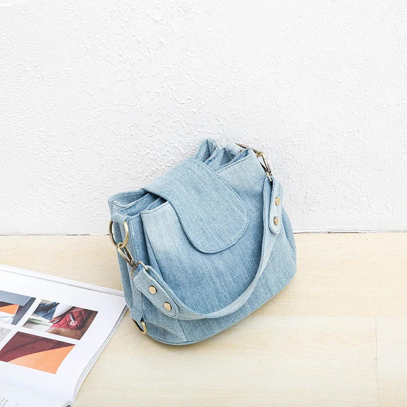 Women's Denim Bucket Bag with Multiple Pockets