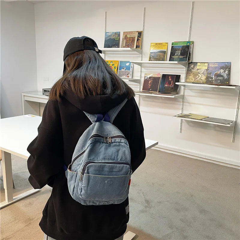 Casual Denim Small Backpack for Women Girls Schoolbag