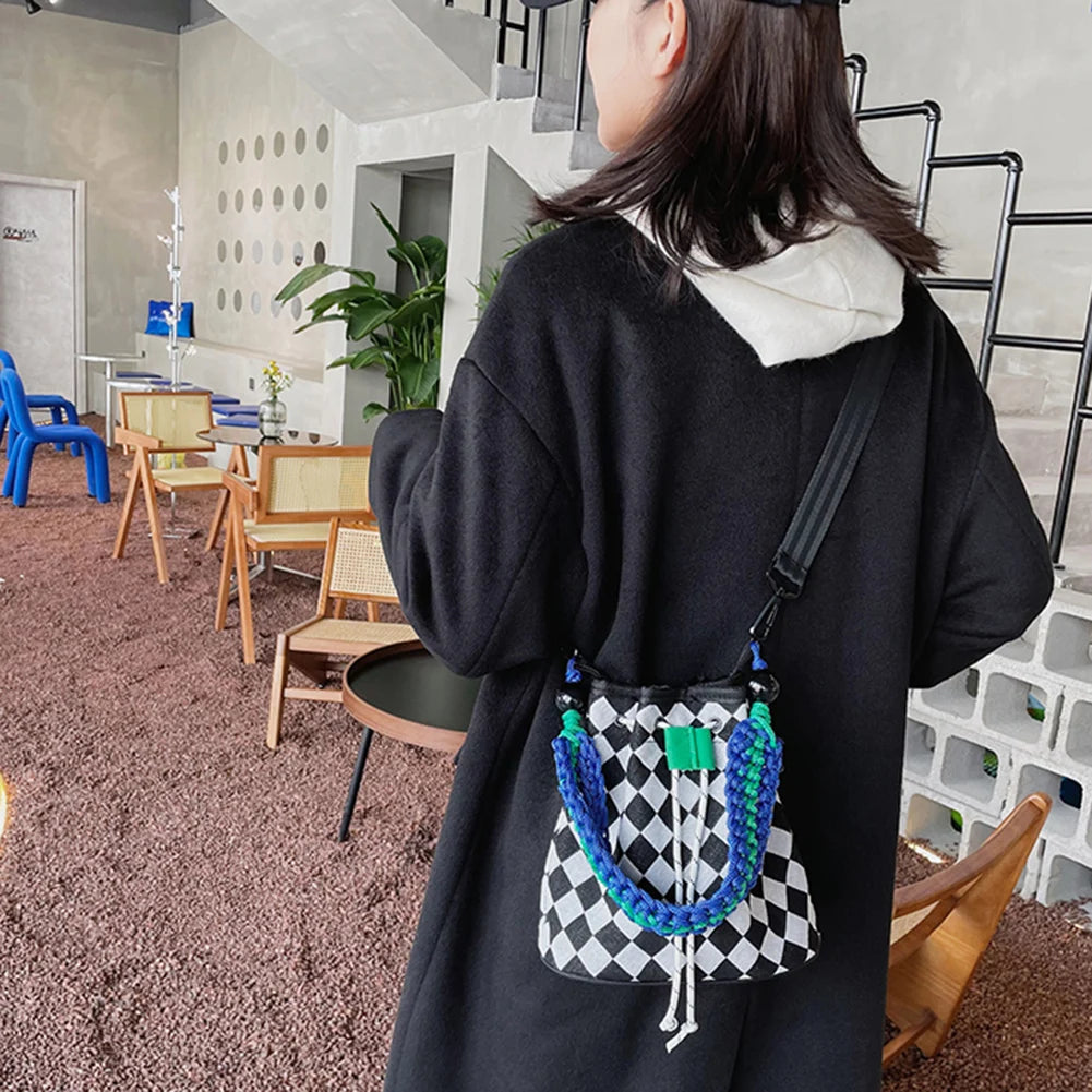 Canvas Checkerboard Drawstring Shoulder Bag for Travel Shopping