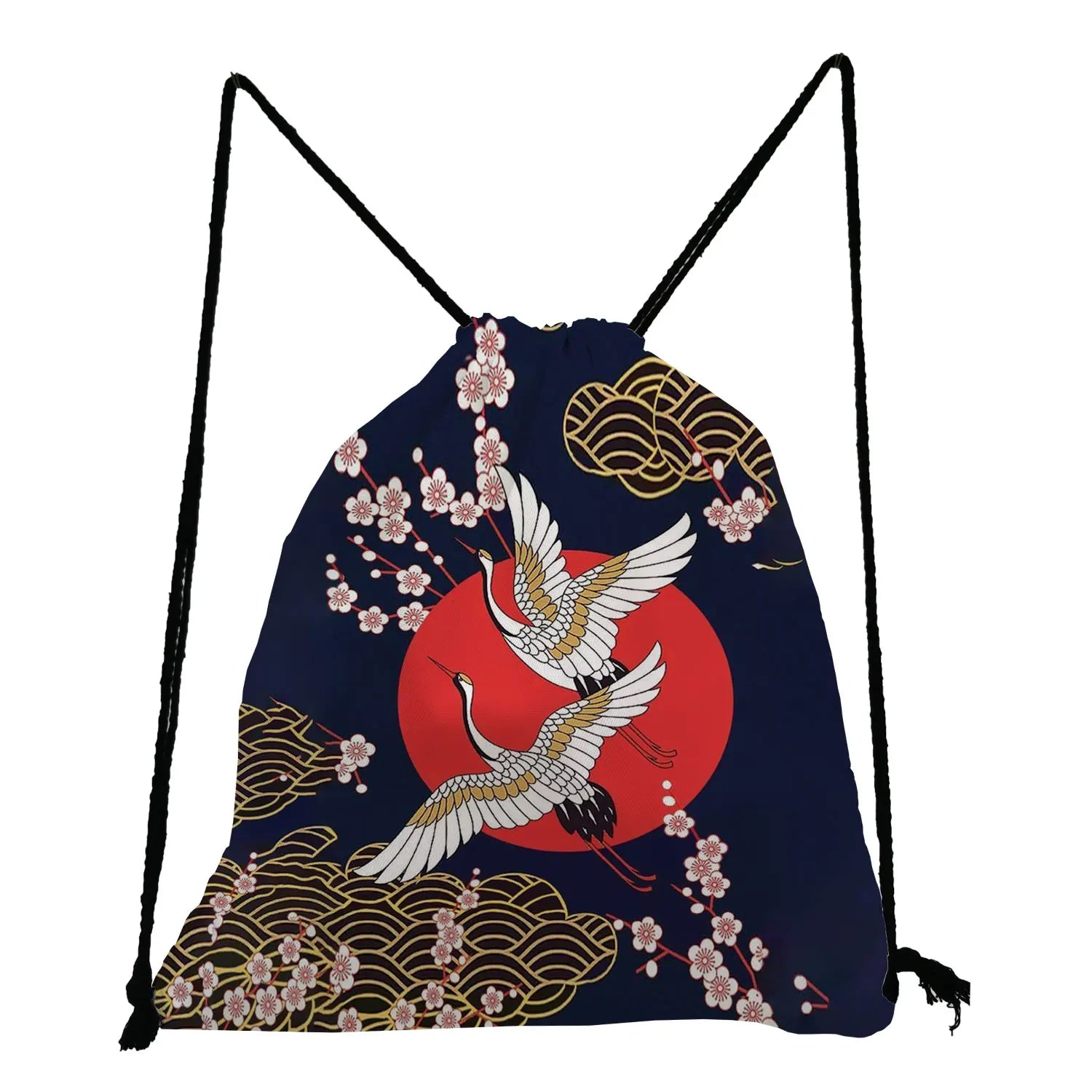 Floral Crane Print Drawstring Backpack for Students Travel Japanese Style