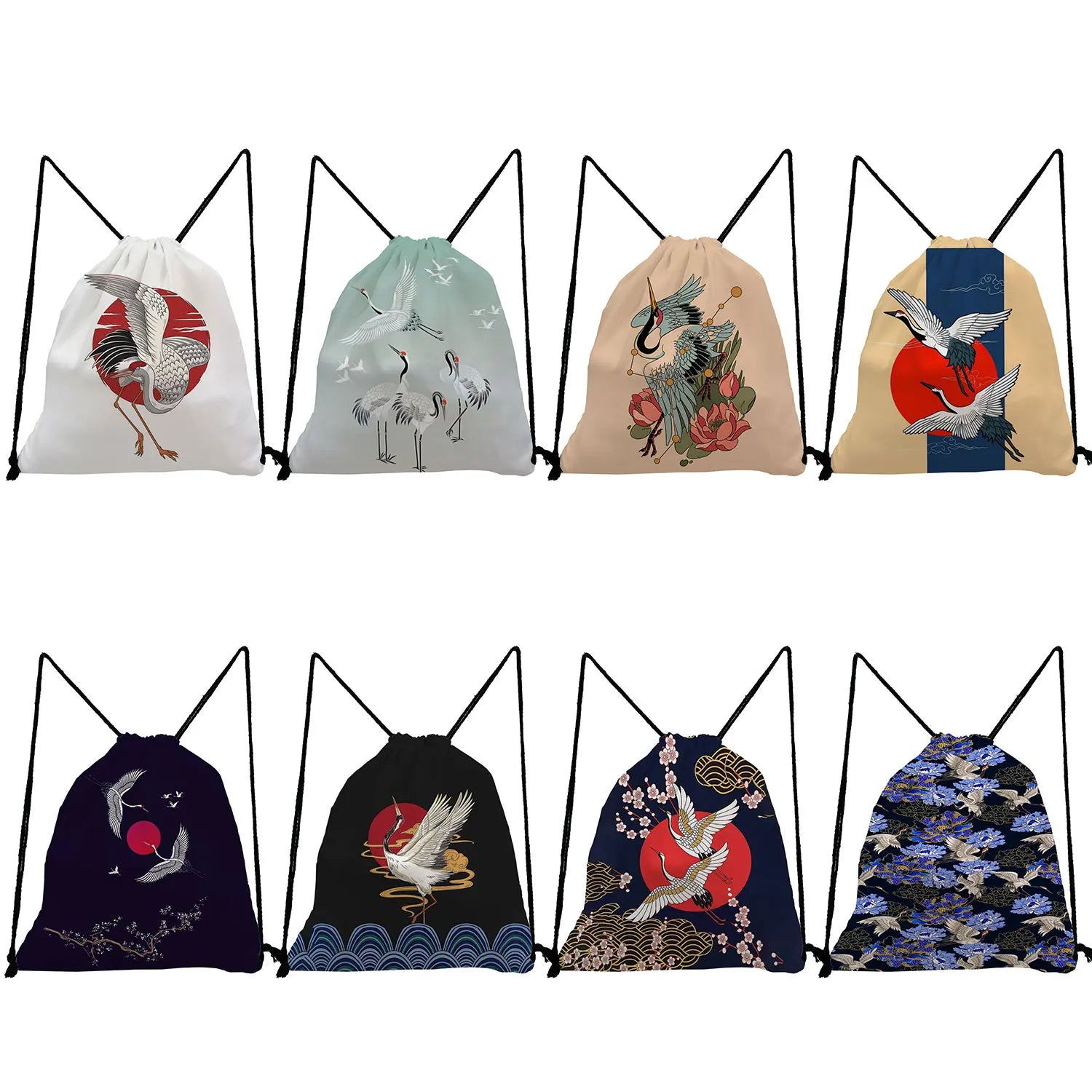 Floral Crane Print Drawstring Backpack for Students Travel Japanese Style