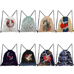 Floral Crane Print Drawstring Backpack for Students Travel Japanese Style