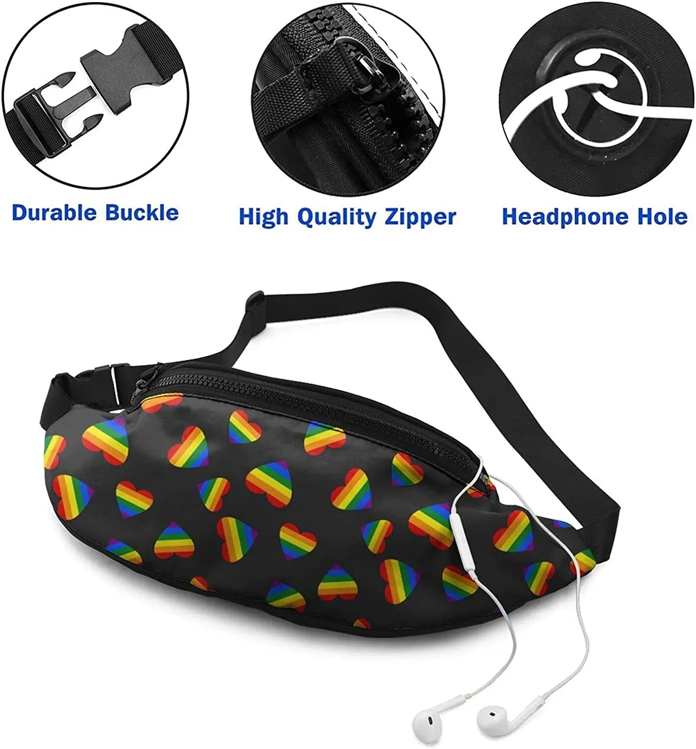 Rainbow Gay Pride Heart Fanny Pack, Adjustable Belt for Travel Sports Running