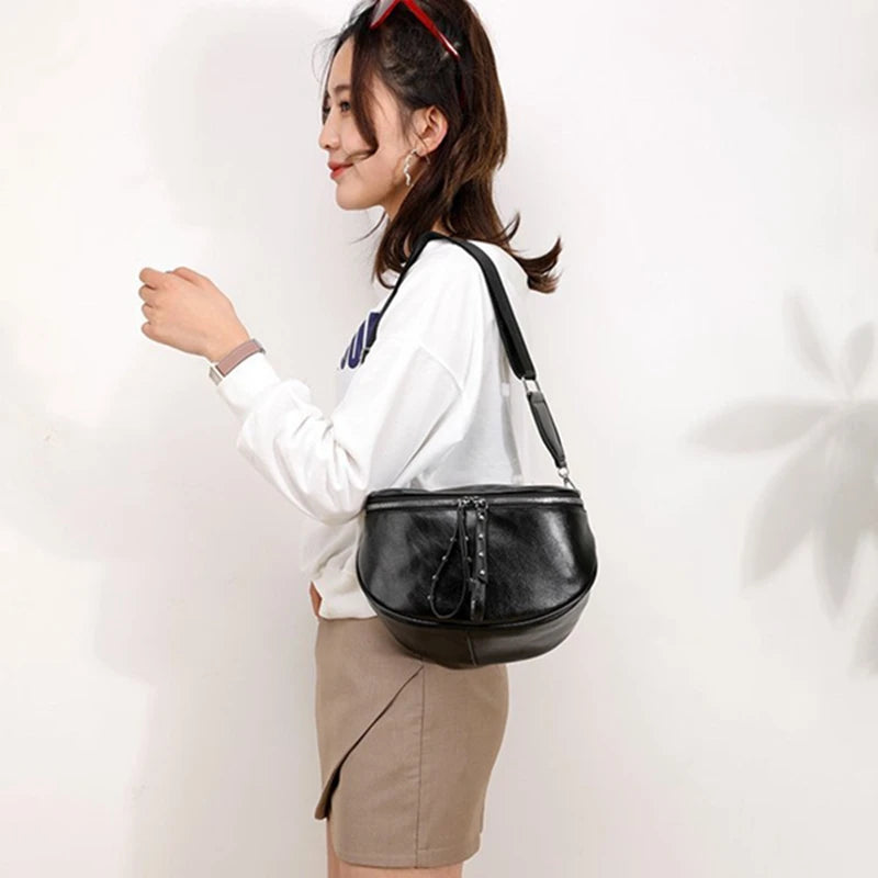 Women's PU Leather Saddle Shoulder Bag Round Shape Crossbody Bag