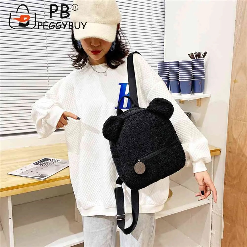 Fleece Bear Shoulder Bag Women Backpack Handbag School Travel Rucksack