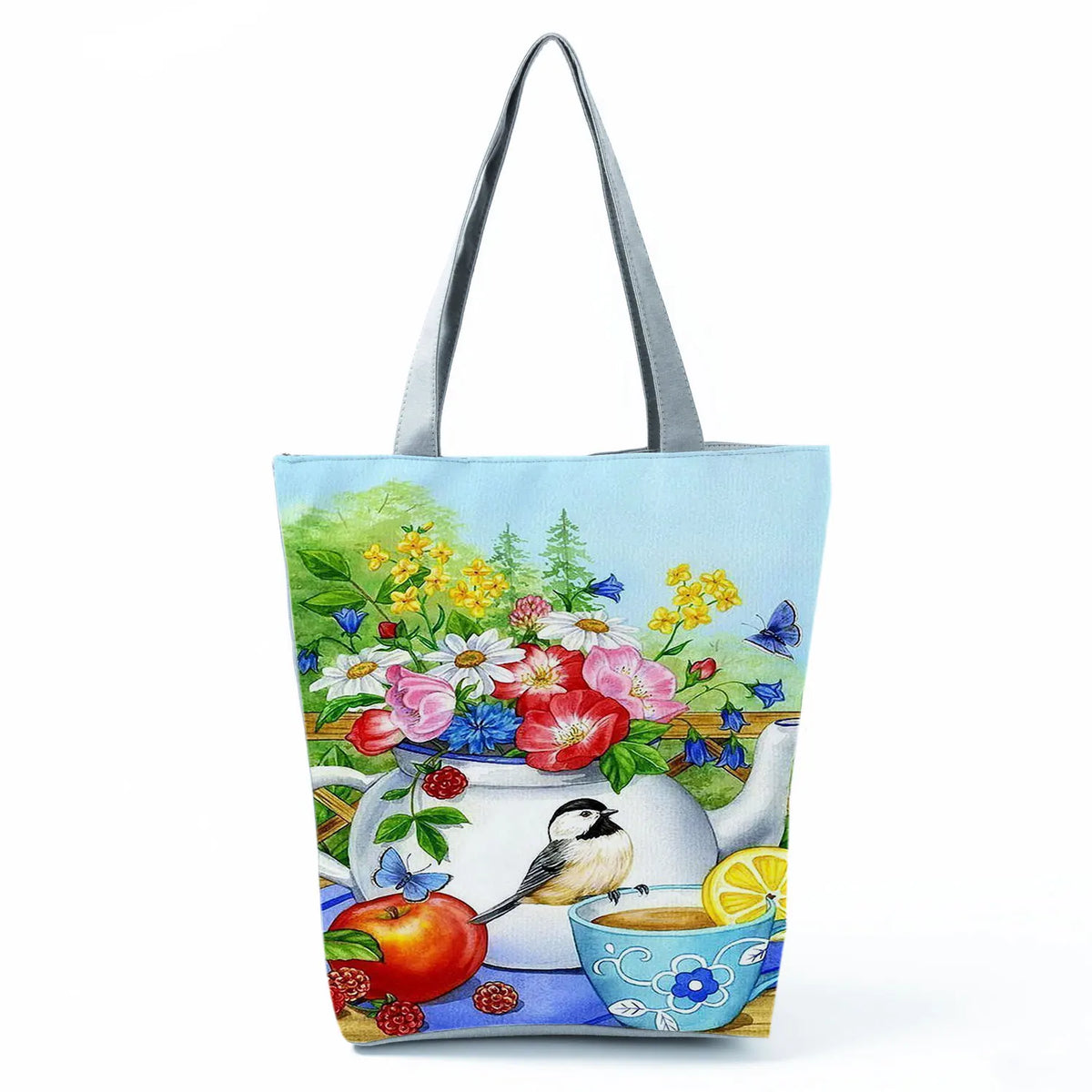 Floral Birds Print Tote Bag Eco Reusable Handbag Large Green Foldable