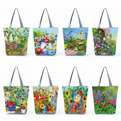 Floral Birds Print Tote Bag Eco Reusable Handbag Large Green Foldable