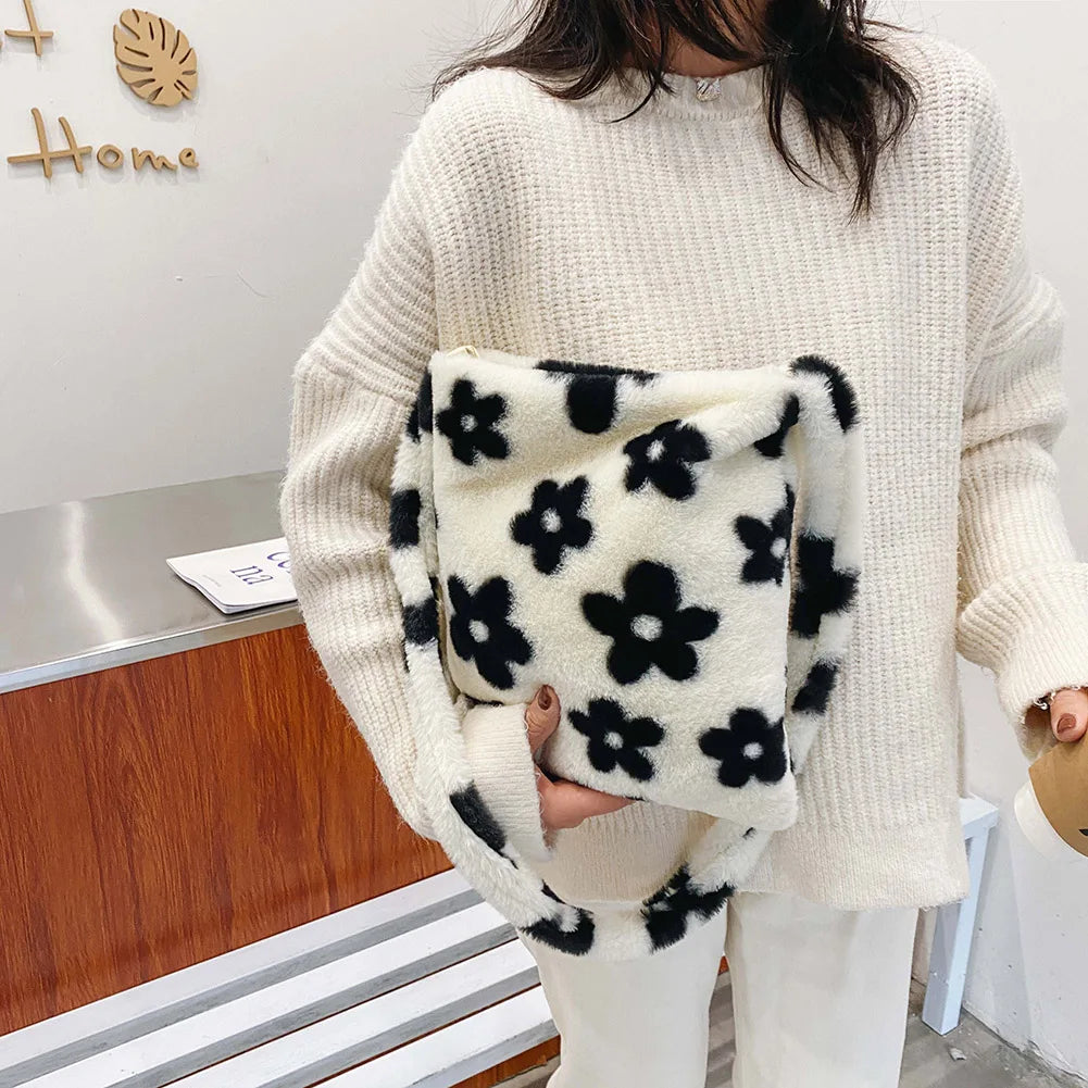 Flower Printed Crossbody Bag Plush Soft Handbag
