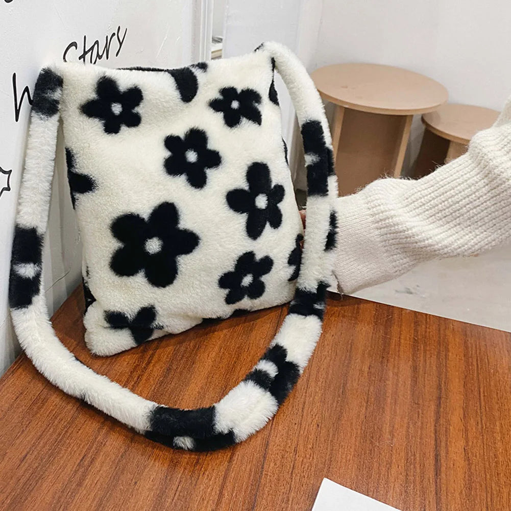 Flower Printed Crossbody Bag Plush Soft Handbag