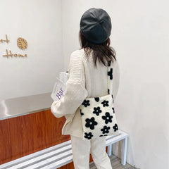 Flower Printed Crossbody Bag for Women Soft Plush Handbag Clutch Tote