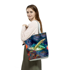 Foldable Ocean Series Shoulder Beach Bag - Whale Turtle Print