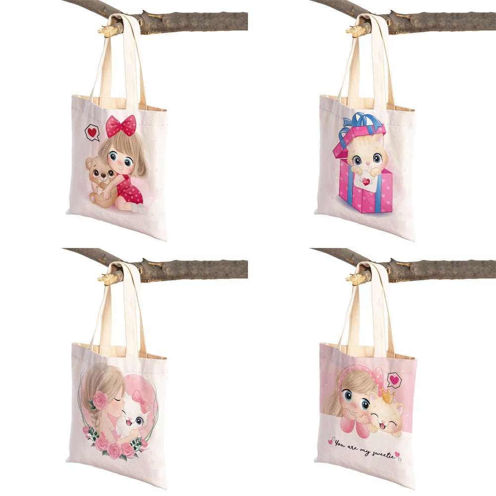 Cute Cartoon Girl and Cat Print Canvas Schoolbag