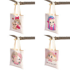 Cute Cartoon Girl and Cat Print Canvas Schoolbag