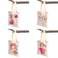 Cute Cartoon Girl and Cat Print Canvas Schoolbag