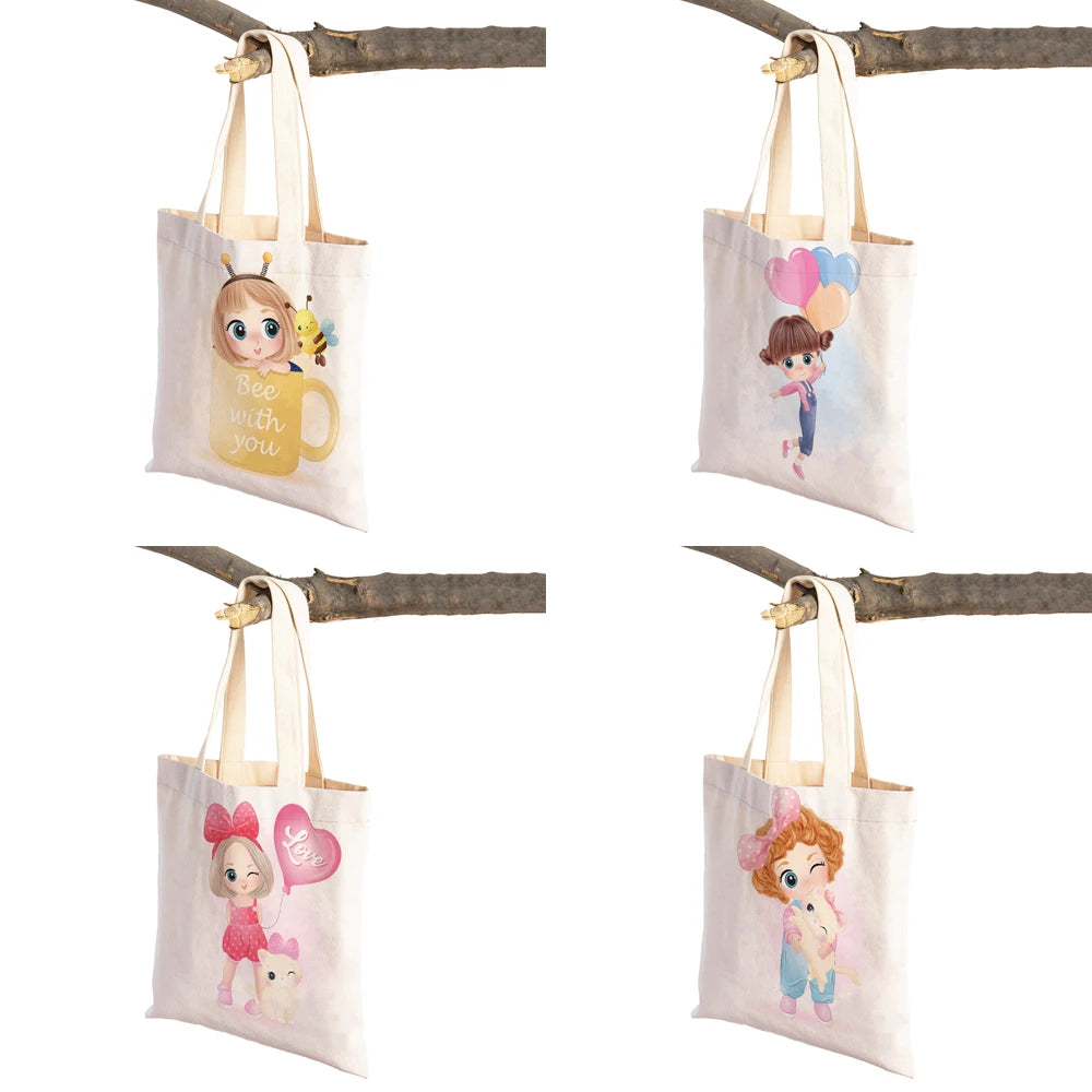 Cute Cartoon Girl and Cat Print Canvas Schoolbag