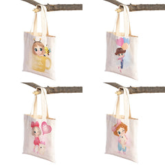 Cute Cartoon Girl and Cat Print Canvas Schoolbag