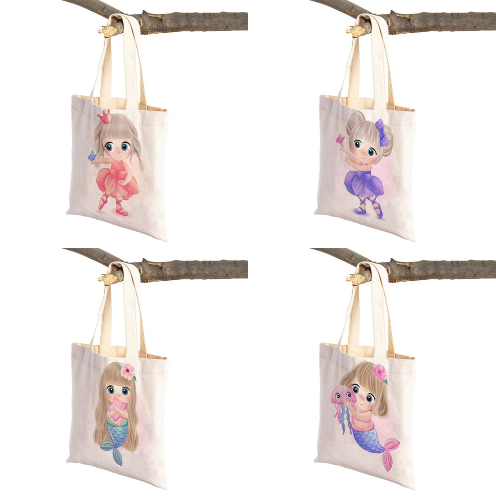Cute Cartoon Girl and Cat Print Canvas Schoolbag