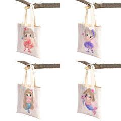 Cute Cartoon Girl and Cat Print Canvas Schoolbag
