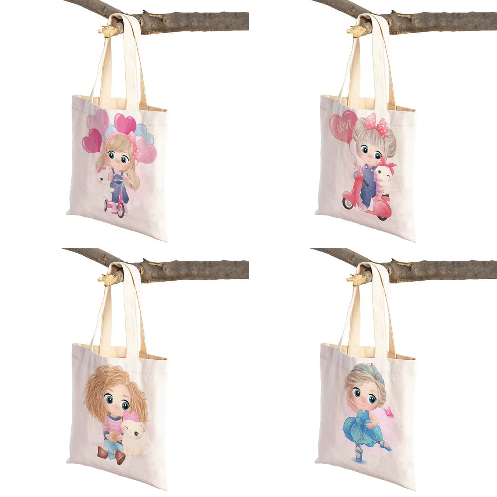 Cute Cartoon Girl and Cat Print Canvas Schoolbag