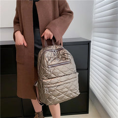 Quilted Down Fabric Backpack for Women Laptop Travel School Bagpack